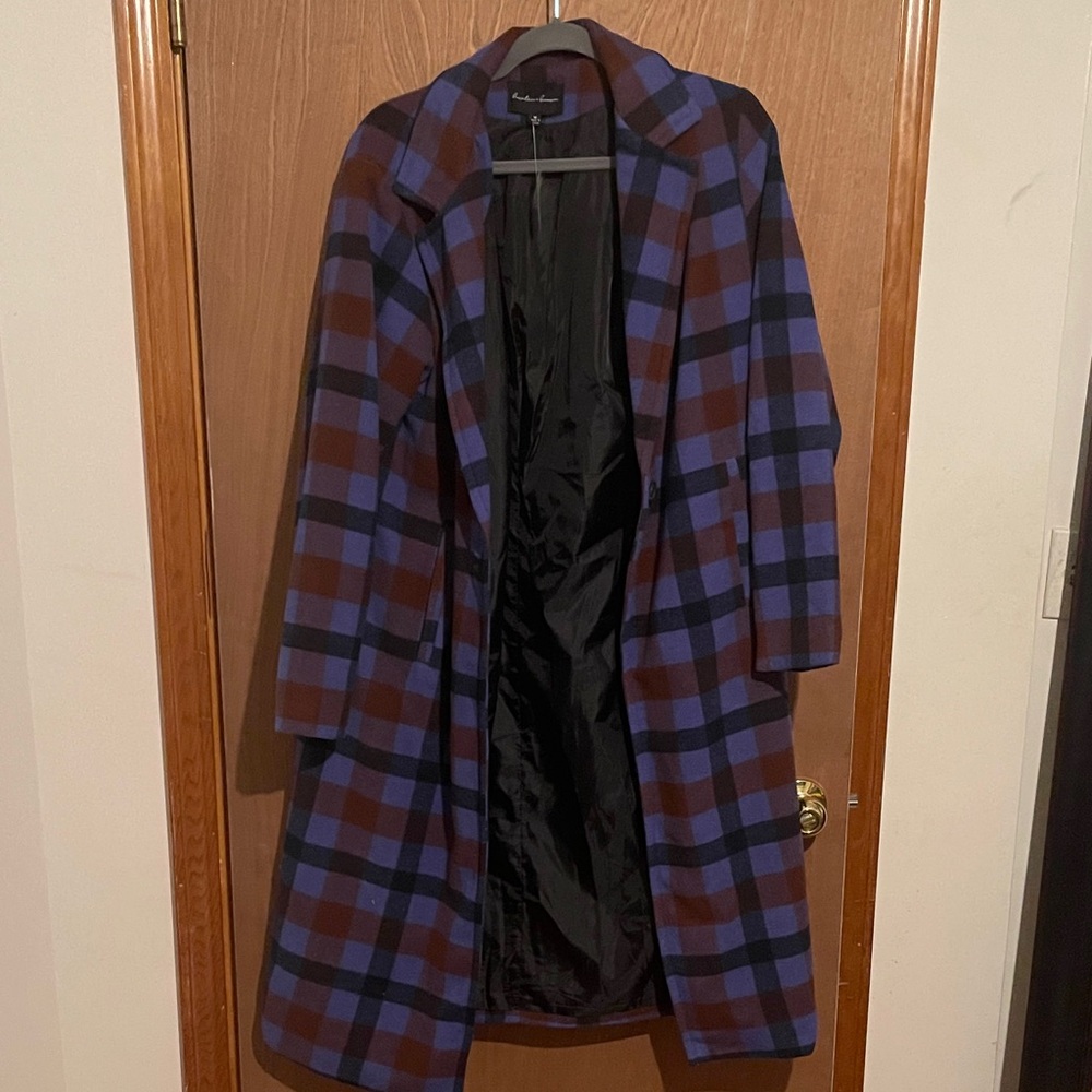 Fashion Nova Blue and Brown Plaid Trench Coat